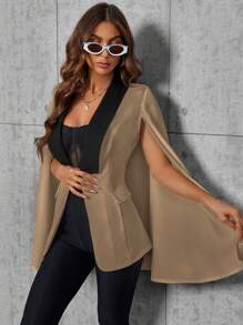 SHEIN Privé Của phụ nữ Tương phản Màu sắc Khăn quàng Áo choàng Tay áo Áo vest - Màu Khaki - Xem 5