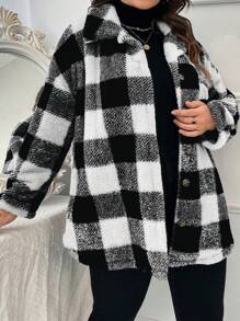 SHEIN LUNE Plus Buffalo Plaid Pattern Drop Shoulder Teddy Coat, For Winter - Black and White - View 4