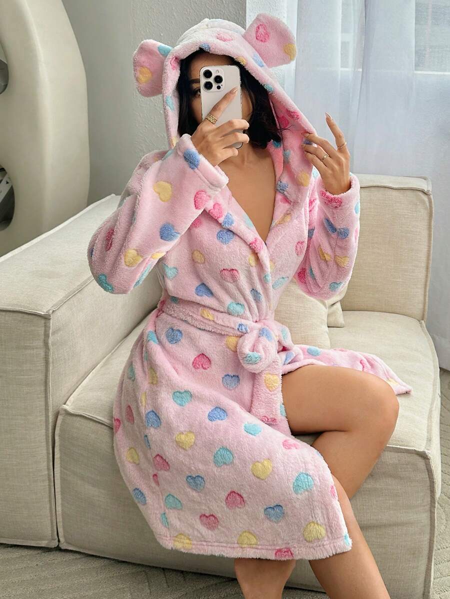 Của phụ nữ Sang trọng ÁO choàng mặc nhà Với Hood    , Thắt lưng & Hình trái tim Đôi tai , Thiết kế 3D - Màu xanh nhạt - Xem 1