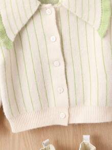 SHEIN Girls Striped Large Lapel Cardigan - Green - View 4