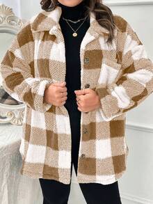 SHEIN LUNE Plus Size Plaid Drop Shoulder Jacket - Khaki - View 3