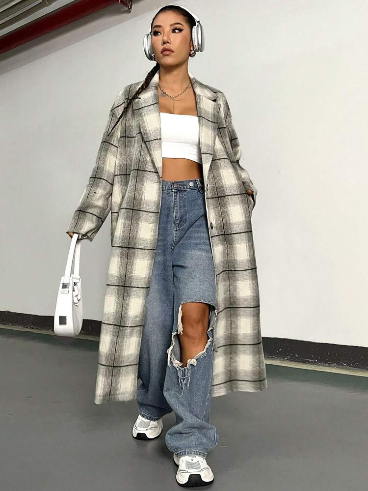 Women's Long Plaid Woolen Overcoat Fall Cloth For Women
