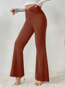 SHEIN LUNE Women's Solid Color Flared Pants - Rust Brown - View 3