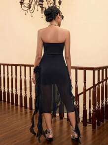GENKIRA Women's Asymmetric Hem Strapless Dress With Ruffle Detail And 3d Floral Embellishment - Black - View 2