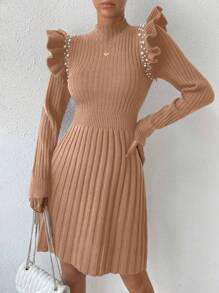 SHEIN Privé Của phụ nữ Ruffled Hem Kết cườm Áo len dệt kim Đầm - Màu Khaki - Xem 4