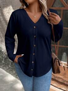 SHEIN LUNE Plus Size Women's Decorative Button T-shirt With Front Design - Blue - View 4