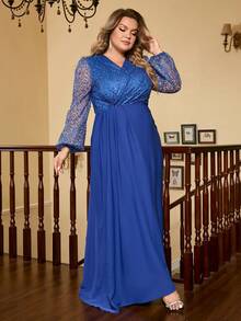 Plus Contrast Sequin Lantern Sleeve Dress - Blue - View 7