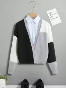 SHEIN Sudadera Tipo Cardigan Sin Botones Para Niña, Con Hombros Caídos Y Color Contrastante