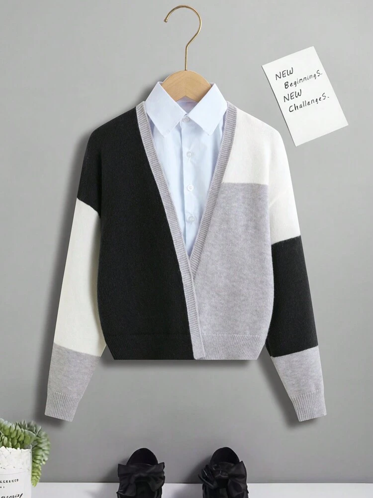 Girls' Contrast Color Drop Shoulder Cardigan