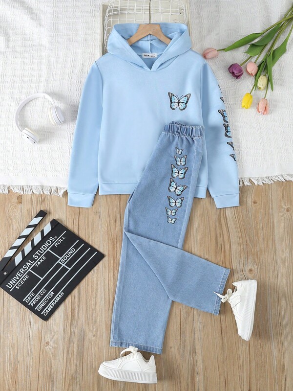 SHEIN Tween Girl 2pcs/Set Casual Comfortable Butterfly Print Hoodie & Pants