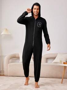 Men's Letter Print Hooded Homewear Jumpsuit - Black - View 1