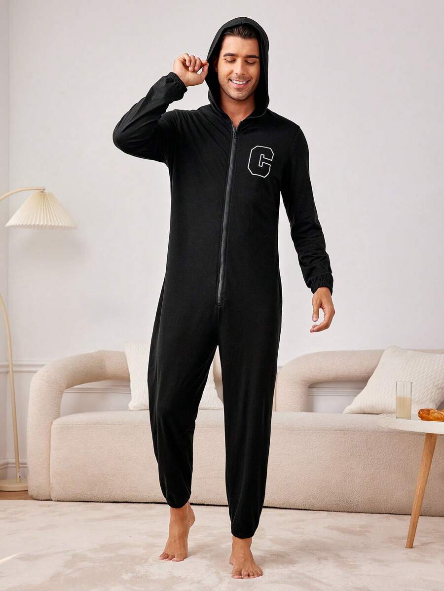 Men's Letter Print Hooded Homewear Jumpsuit - Black - View 1
