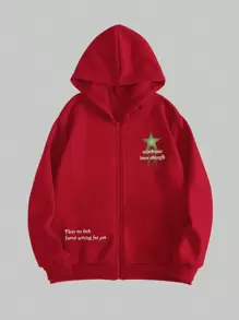 ROMWE MEN Goth 男士星星和标语印花连帽衫（带保暖衬里） - 紅色 - 查看 1