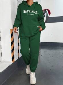Flirla Plus Letter Graphic Kangaroo Pocket Drop Shoulder Drawstring Hoodie & Sweatpants - Green - View 4