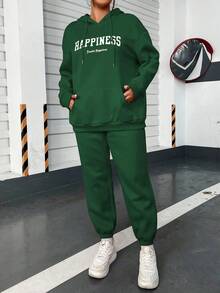 Flirla Plus Letter Graphic Kangaroo Pocket Drop Shoulder Drawstring Hoodie & Sweatpants - Green - View 5