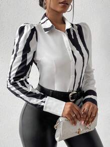 SHEIN Slayr 女裝條紋拼色泡泡袖襯衫 - 黑與白 - 查看 6