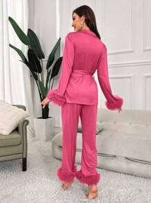 Slumberist Ladies' Mesh Splice Satin Pajama Set, Fall Winter Clothes - Hot Pink - View 2