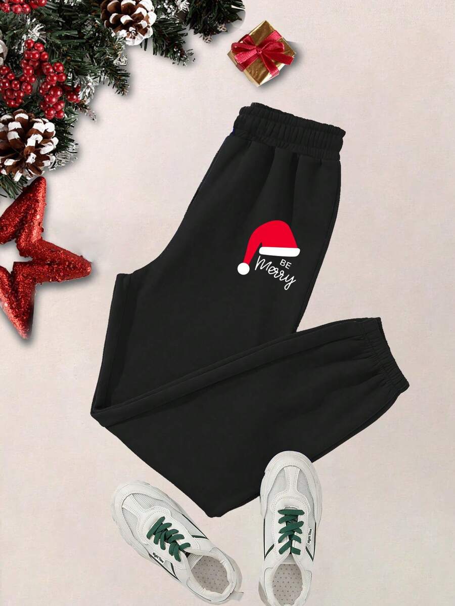 SHEIN EZwear Christmas Print Thermal Sweatpants - Black - View 1