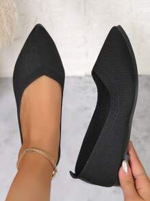 Women's Knitted Breathable Mesh Flat Shoes, Elegant Pointed Dress Shoes, Lightweight Slip-on Shoes, Women's Flat Shoes - Black - View 1