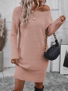 SHEIN Essnce 純色落肩圓領大輪廓毛衣連身裙 - 藕粉色 - 查看 4