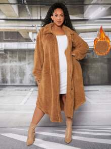 SHEIN CURVE+ Women's Camel-colored Plus Size Front Button Coat - Camel - View 1