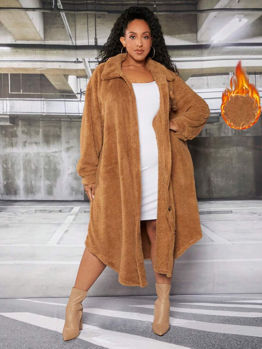 SHEIN CURVE+ Women's Camel-colored Plus Size Front Button Coat - Camel - View 1