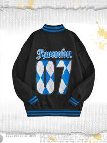 Harry Potter | ROMWE Chaqueta De Béisbol Con Número Impreso, Rayas, Con Hombreras Y Emblema Bordado - Negro - Ver 1