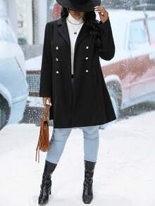 SHEIN Franclia 大碼西裝領雙排釦花呢外套 - 黑色 - 查看 6