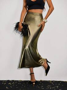 SHEIN Clasi Mermaid Tail Hem Skirt - Gold - View 4