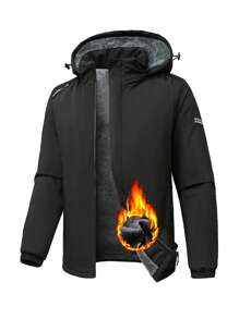 Manfinity Homme Loose Fit Men's Patch Detail Hooded Teddy Lined Zipper Padded Coat With Drawstring - Black - View 1