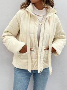 SHEIN LUNE Women's Zipper Closure Diamond Print Winter Clothes Padded Padded Coat - Beige - View 3