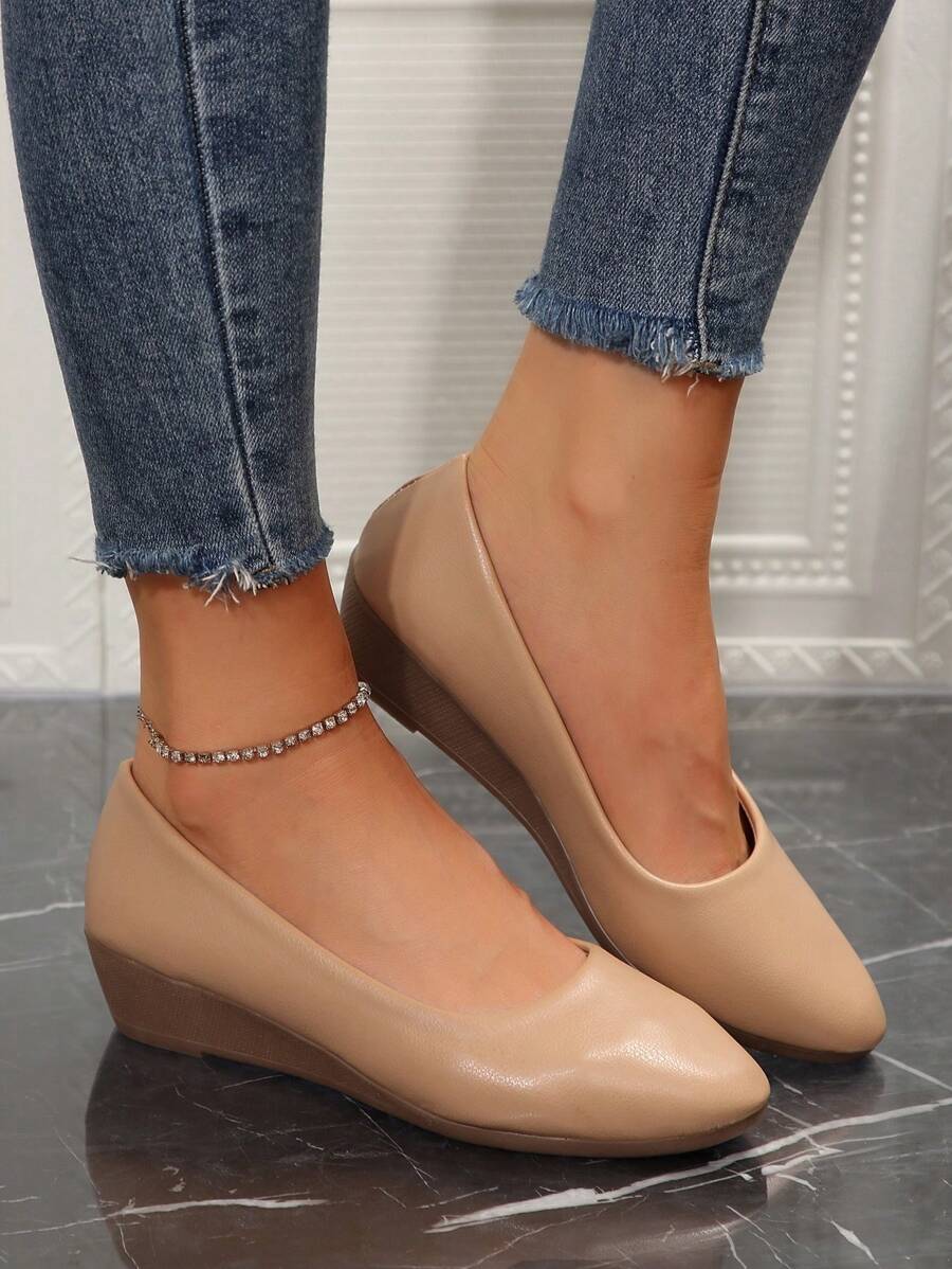 Women's Wedge Heel Thick Sole Low Cut Office Work Shoes, Comfortable & Suitable For Four Seasons - Khaki - View 1