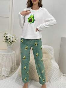 Avocado Print Flannel Long Sleeve And Long Pants Fluffy Pajama Set, Fall Winter Clothes