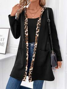 SHEIN LUNE Leopardendruck Mantel Für Damen Mit Offenem Vorderseite - Schwarz - Übersicht 1