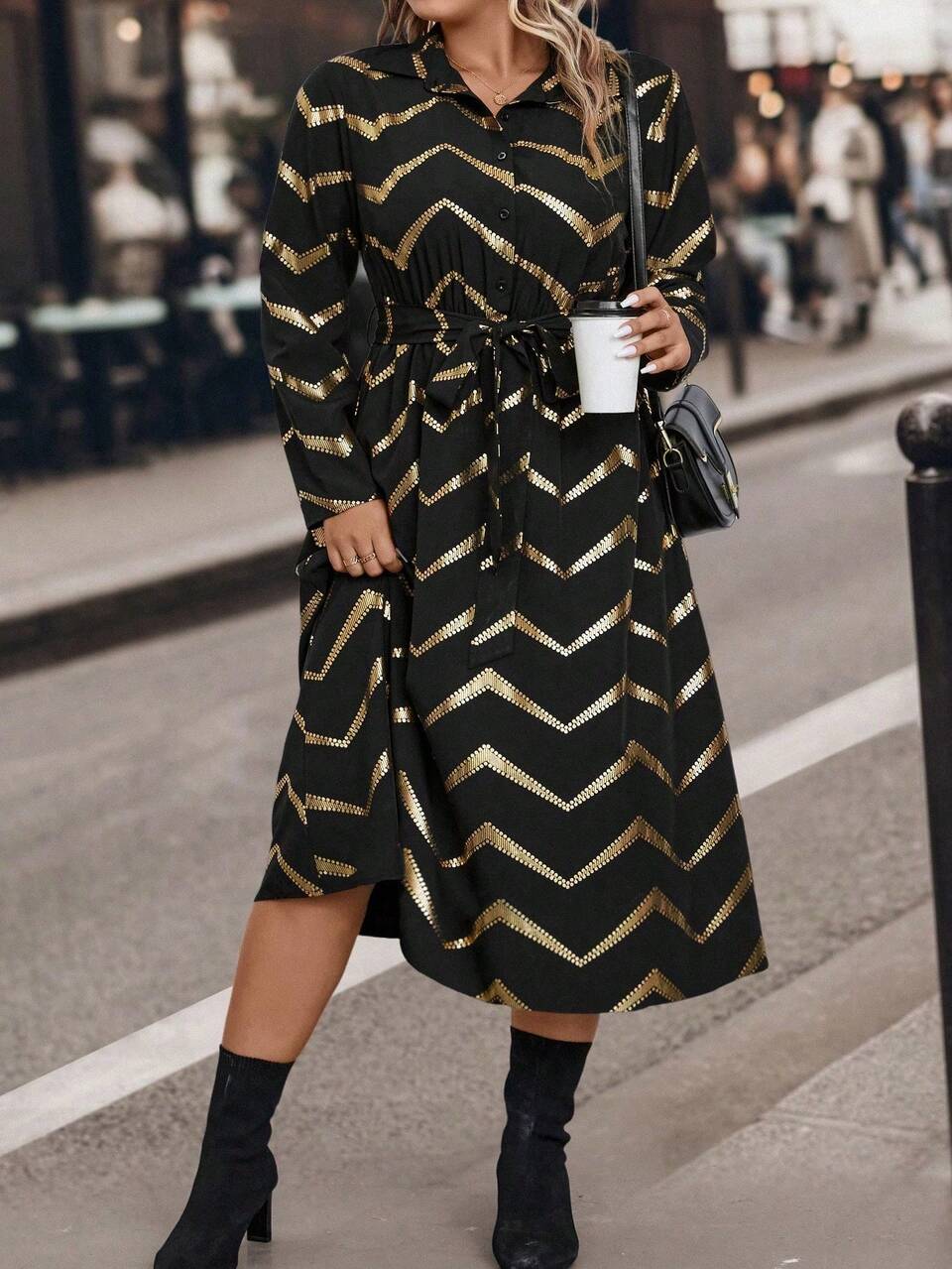 Plus Chevron Print Belted Shirt Dress