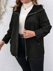 SHEIN LUNE 大碼拉鏈開襟斜插口袋連帽夾克 - 黑色 - 查看 3