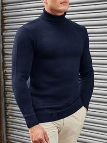 EURMUSE Sudadera Con Cuello De Tortuga Y Color Sólido Simple Para Hombres Para Combinar Con Cualquier Cosa - Azul Marino - Ver 3