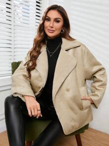 SHEIN Essnce 女款絨面革翻領夾克 - 米色 - 查看 3