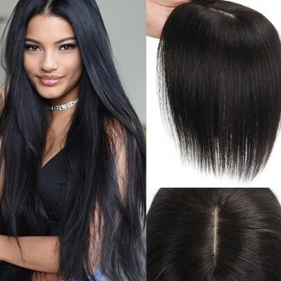 Silk Base Virgin human Hair Topper Top Natural Black Hairpiece Air Bangs 7*9cm Straight Topper