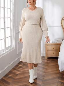 SHEIN Privé Plus Size Women's Pearl Decorated Cropped Top And Skirt Set - Apricot - View 5