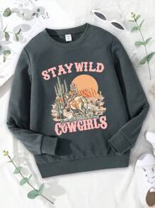 SHEIN Áo nỉ cổ tròn màu hồng in kỹ thuật số Tween Girl Desert, trang phục dạo phố mát mẻ, thích hợp cho mùa xuân và mùa thu - Xám - Xem 1