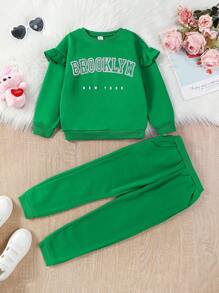 SHEIN Chica Joven Pantalones deportivos con sudadera con estampado de letra ribete con fruncido - Verde - Ver 1