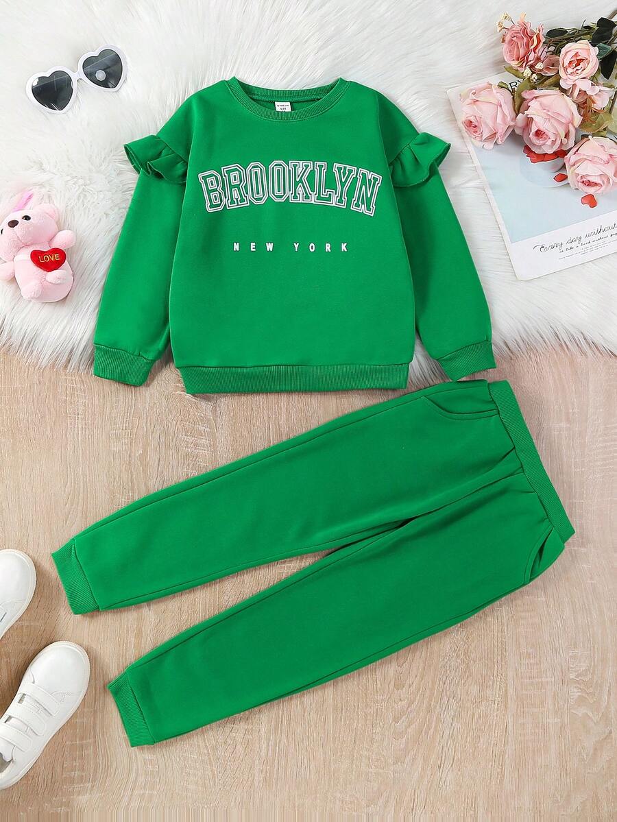 SHEIN Chica Joven Pantalones deportivos con sudadera con estampado de letra ribete con fruncido - Verde - Ver 1