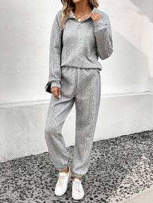 SHEIN LUNE 女性菱格領半拉鍊運動衫和運動褲套裝 - 灰色 - 查看 5