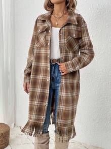 SHEIN LUNE Quý cô Kiểm tra Viền tua Chiều dài trung bình áo - Nhiều màu - Xem 5