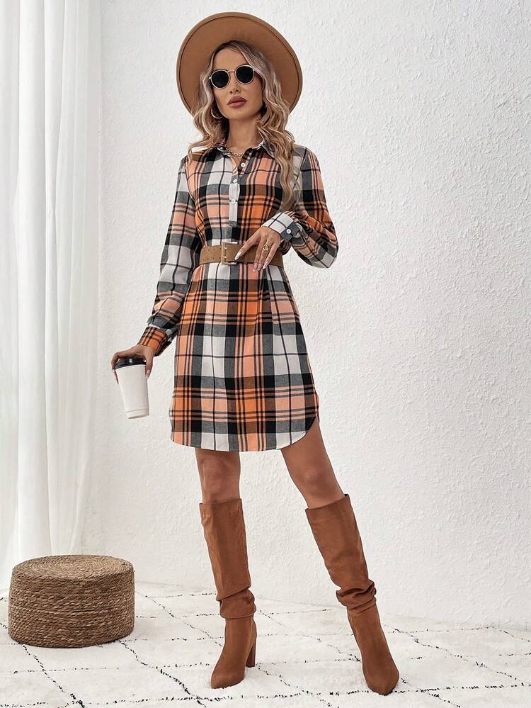 Women's Plaid Half-button Front Open Collar Dress