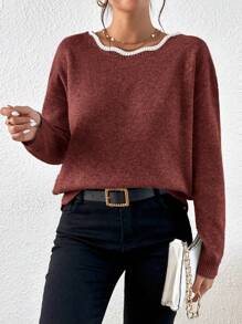 SHEIN Frenchy 撞色飾邊蝴蝶結背毛衣 - 酒紅色 - 查看 4