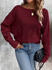 SHEIN LUNE Solid Color Jacquard Casual Sweater,Long Sleeve Tops Knit Pullover Fall Winter Sweater - Burgundy - View 5