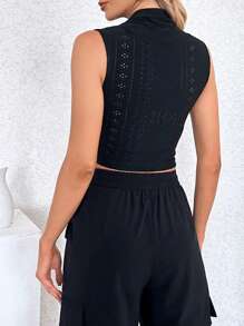 SHEIN Essnce Stand Collar Mesh Embroidered Sleeveless Tank Top For Summer - Black - View 2