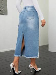 Women's Flap Pocket Distressed Frayed Hem Denim Skirt - Medium Wash - View 2